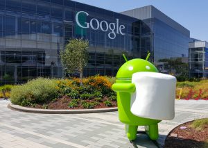 Mountain View, CA, USA - August 19, 2015: Android Marshmallow (latest android OS) replica in front of Google office on Aug 19, 2015. Google specializes in Internet related services and products.