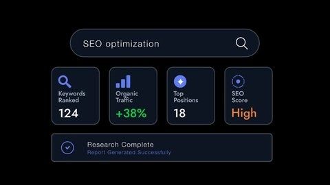Mörkt SEO-dashboard med statistik för trafik, sökord och positioner